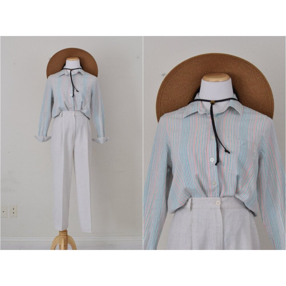 Vintage 90s Candy Striped Cotton Womens Shirt size Small Petite